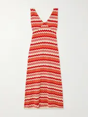 [RIXO] RIXO - Sandrine Striped Open-knit Cotton Midi Dress - Red - UK 18 UK 18 Red