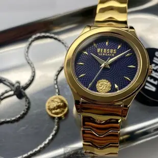 VERSUS VERSACE手錶, 女錶 34mm 金色圓形精鋼錶殼 寶藍色幾何立體圖形中三針顯示錶面款 VV00331