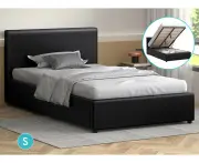 ALFORDSON Bed Frame Single Size Gas Lift Storage Base Black Leather TRICIA
