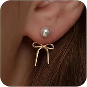 [Risamil] Pearl Earrings for Women Gold Hoop Earrings for Women Trendy 14K Gold Plated Pearl Huggie Earring Hoops Twist Rope Bow Stud Pearl Dangle Cubic Zirconia Earrings Jewelry Gifts for Women