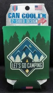 ~ Let's Go Camping ~ Can Cooler Double Sided Design Wincraft ~GREEN~ New!