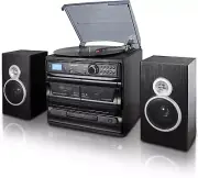 3-Speed Turntable with CD Player, Dual Cassette Player, Bt, FM Radio & USB/SD Re