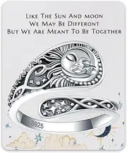 [EJALEN] S925-Sterling-Silver Sun and Moon Spoon Ring - Vintage Boho Oxidized Wrap Star Adjustable Thumb Rings Victorian Mother's Day Jewelry Gifts for Women, Gemstone, Created Turquoise