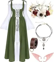 VillbeCoser Renaissance Dress Medieval Costume Women Flower Crown Choker Necklace Belt Fairy Irish Viking Outfit Peasant