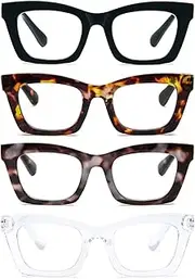 4 Pack Reading Glasses for Women Oprah Style Oversized Square Spring Hinge Blue Light Blocking Glasses