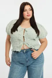 Green Check Shirred Top Short Sleeve Tie Front