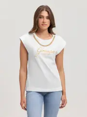 GUESS Eco White Crystal Logo T-Shirt Size: Large, Cotton