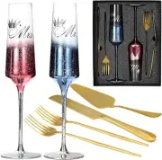 Wedding Cake Knife and Server Set, 7oz Crystal Mr and Mrs Champagne Flutes an...
