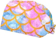 [WOSHJIUK] Working Hat 2 Pack Scrub Caps for Women,Gradient Color Mermaid Scales,Tie Back Cap Adjustable Scrub Hat