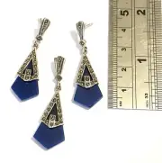 Art Deco Sterling Silver Blue Lapis Marcasite Kite Pendant & Earrings Set