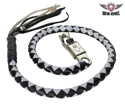 Black Silver Fringed Hand Braided Motorcycle Leather Biker Get Back Whip Getback