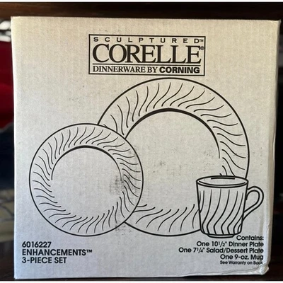 Vintage CORELLE Dinnerware 3 Piece Set White Swirl Plates & Mug | New Old Stock