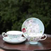 Grace Teaware Bone China Peony Bloom Blue Tea/Coffee Cups and Saucers,Set Of 4