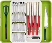FOREVERIE Double Sided Extra Large Extendable Utensils Drawer Organizer with Knife Holder, Adjustable Kitchen Silverware Cutlery Tray for Knives, Spoons and Forks, White Green
