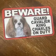 BEWARE GUARD CAVALIER KING CHARLES ON DUTY 5" X 8" HANGABLE PLASTIC SIGN NEW