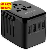 Universal Travel Adapter 5-in-1 International Plug 2 USB-C 2 USB-A AC Outlet