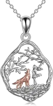 Wolf with Girl Necklace 925 Sterling Silver Celtic Knot Wolf Viking Pendant Gift