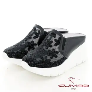 【CUMAR】鏤空透膚蕾絲厚底台半拖鞋後空懶人休閒鞋(黑色)