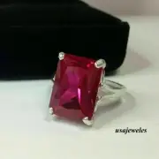 14K White Gold Over 3CT Emerald Cut Red Garnet Solitaire Engagement Jewelry Ring