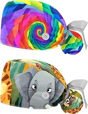 [YTYVAGT] 2-Pc,Nurse Scrub Caps,Scrub Hats with Buttons and Cotton Sweatband,Fantasy Rainbow Swirl