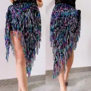Women Belly Dance Hip Midi Skirt Tassel Scarf Sequin Wrap Performance Party