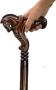 Wooden Horse Engraved Hand Carved Cane - Premium Wood Carved Walking Stick Cane with Ergonomic Palm Grip Handle - 36" Brown Handmade Elegant Carved Walking Stick for Men Women