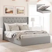 Leonora King Grey Gas Lift Storage Wing Bed Frame with Studs