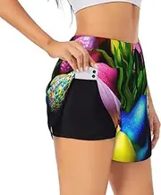 [GaxfjRu] Colorful Easter Eggs Print Women's Running Shorts High Waisted Running Shorts Pocket Sporty Gym Elastic Short