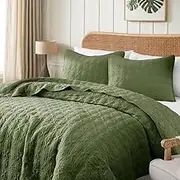 Olive Green Twin Size Quilt Bedding Sets with Pillow Sham, Summer Lightweight Soft Bedspread Coverlet, Farmhouse Country Textured Quilted Blanket Thin Comforter Bed Cover , 2 Pieces, 68x90 inches