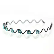 Hand Made Hair Jewelry Wavy Wire Headband with swarovski crystal Flowers, Aqua