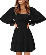 [Exlura] Women's 2024 Casual Long Lantern Sleeve Dresses Square Neck Ruffle Tie Back Elastic Waist Aline Short Mini Dress