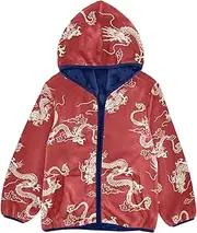 [GuoChe] Big Girls Jackets With Sherpa Lining Chinese Style Dragons Red Toddler Girls Hooded Jacket Navy Blue Baby Zip