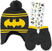 Winter Hat and Mittens Set - Bundle with Batman Knit Beanie and Mittens for Cold Weather Plus Stickers | Batman Winter Gear Gifts for Boys, Girls, Kids, Multicolor