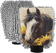 XYMZR Absorbent Microfiber Car Wash Mitt Horse Sunflower Cute, Funny Cute Anime Scratch Free for Cars Cleaning, Home Cleaning Mitts, 2 Pack, 10.24” L x 7.09” W