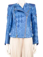 Blue Woven Pattern Biker Jacket