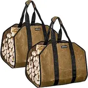 Infinicare Firewood Carrier with Handles - 2pcs Heavy Duty Canvas Firewood Bag with Handles | Durable Wood Carrier for Firewood | Suitable for Indoor Fireplace and Outdoor Camping - Brown