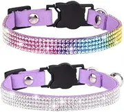 Purple Bling Kitten Collar with Bells, 2-Pack Breakaway Cat Collars with Rhinestone, Pretty Fancy Sparkly Diamond Girl Puppy Collar for XXS XS Tiny Female Dogs, XXSmall