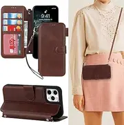 Cavor for iPhone 11 Pro Max Case Crossbody Wallet Flip Folio Magnetic Kickstand Cover Cowhide Pattern PU Leather Purse Card Slots Holder with Detachable Shoulder Necklace Strap-Long Lanyard Brown