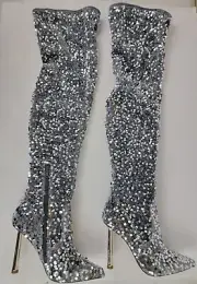 Steve Madden Womens 6M Vivee Over-The-Knee Sequins Boots Silver Satin