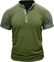 [PHJTOMK] Men's Color Block Henley Shirts Short Sleeve Slim Fit Collarless T Shirt Casual Lightweight Button T-Shirt