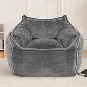 Giant Bean Bag Chair for Adults, Big Bean Bag Chair with Armrest, Living Room Fluffy Beanbag Couch with Filler Included, Comfy Washable Lazy Sofa Chair for Bedroom, Gray