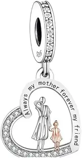 [Mon & Sons] Always My Mother Forever My Friend Daughter Mum Mom Love You Heart Charm Bead Pendant 925 Sterling Silver Dangle Compatible With Pandora Charm Bracelet, Metal