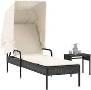 VRAXO Sun Lounger with Canopy and Table Black Poly Rattan -19.4KG,368197
