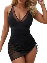[Leoparts] Women's V Neck One Piece Swimsuit Mesh Sheer Swim Dress Curvy Tummy Control Side Drawstring Bathing Suits