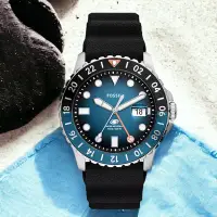 在飛比找Yahoo奇摩購物中心優惠-FOSSIL Blue 漸層藍海 GMT 黑色矽膠錶帶 手錶
