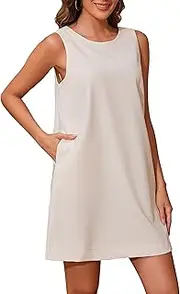 [Burtell] Women Casual Sleeveless Open Back Mini Shift Dress Tunic Scoop Neck Tank Short Cotton Linen Dress Summer Beach Dress