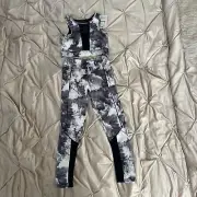 Zara Girls Gray White Tie Dye Black Mesh Insert Workout Active Leggings And Top