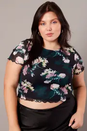 Black Floral Mesh Top Short Sleeve Crew Neck