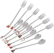 CANIGHT 12pcs Christmas Dessert Steel Restaurant Utensils Table Xmas Fork Stirring Decorative Chiristmas Mixing Decors Spoon Coffee Kitchen Tableware Eating Cake Party for
