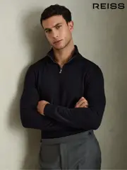 Reiss Navy Blackhall Merino Wool Half-Zip Funnel Neck Jumper (T45040) | $195
